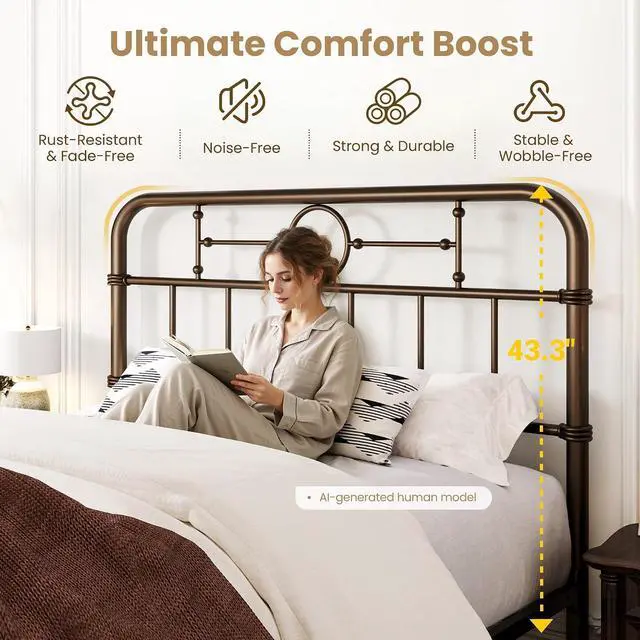 Alt view image 4 of 7 - Full Size Bed Frame with Vintage Headboard, Heavy Duty Metal Platform Bed Frame, No Box Spring Needed, Noise-Free, 12.4" Under-Bed Storage, Easy Assembly, Antique Bronze