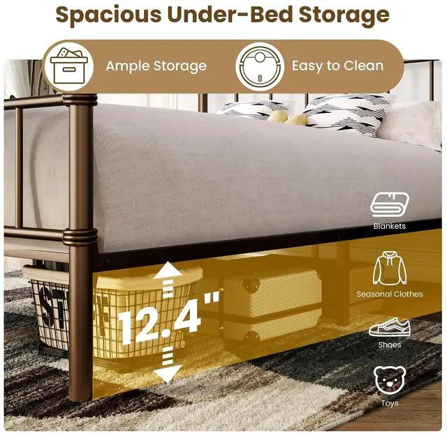 Alt view image 5 of 7 - Full Size Bed Frame with Vintage Headboard, Heavy Duty Metal Platform Bed Frame, No Box Spring Needed, Noise-Free, 12.4" Under-Bed Storage, Easy Assembly, Antique Bronze
