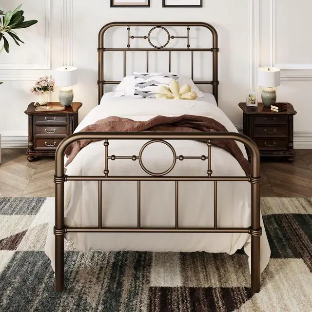 Main image of Twin Bed Frame with Vintage Headboard, Heavy Duty Metal Platform Bed Frame, No Box Spring Needed, Noise-Free, 12.4" Under-Bed Storage, Easy Assembly, Antique Bronze