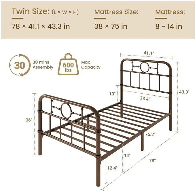 Alt view image 2 of 7 - Twin Bed Frame with Vintage Headboard, Heavy Duty Metal Platform Bed Frame, No Box Spring Needed, Noise-Free, 12.4" Under-Bed Storage, Easy Assembly, Antique Bronze