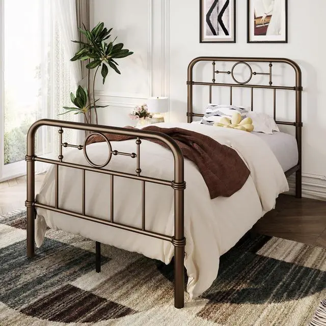 Alt view image 3 of 7 - Twin Bed Frame with Vintage Headboard, Heavy Duty Metal Platform Bed Frame, No Box Spring Needed, Noise-Free, 12.4" Under-Bed Storage, Easy Assembly, Antique Bronze