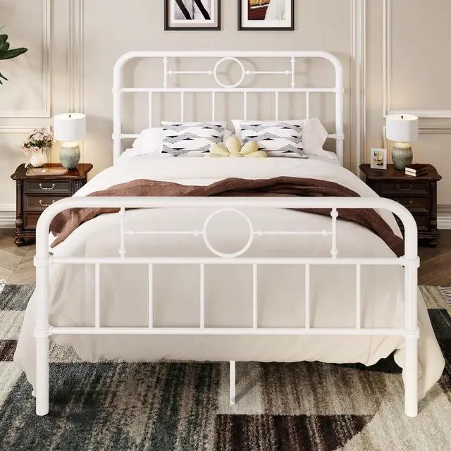 Main image of Queen Bed Frame with Vintage Headboard, Heavy Duty Metal Platform Bed Frame, No Box Spring Needed, Noise-Free, 12.4" Under-Bed Storage, Easy Assembly, White