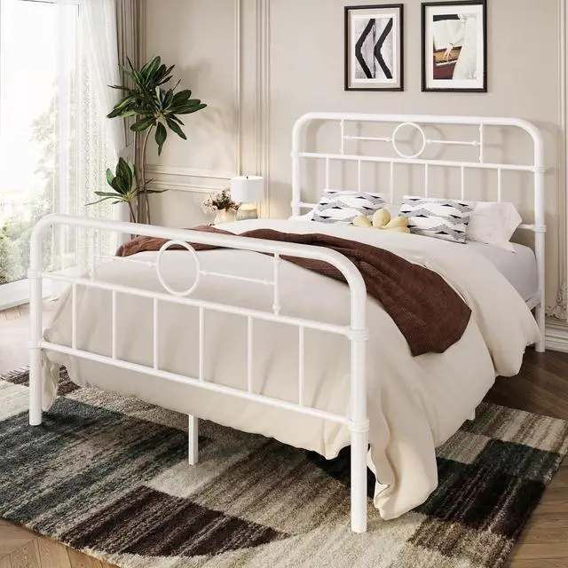 Alt view image 3 of 7 - Queen Bed Frame with Vintage Headboard, Heavy Duty Metal Platform Bed Frame, No Box Spring Needed, Noise-Free, 12.4" Under-Bed Storage, Easy Assembly, White