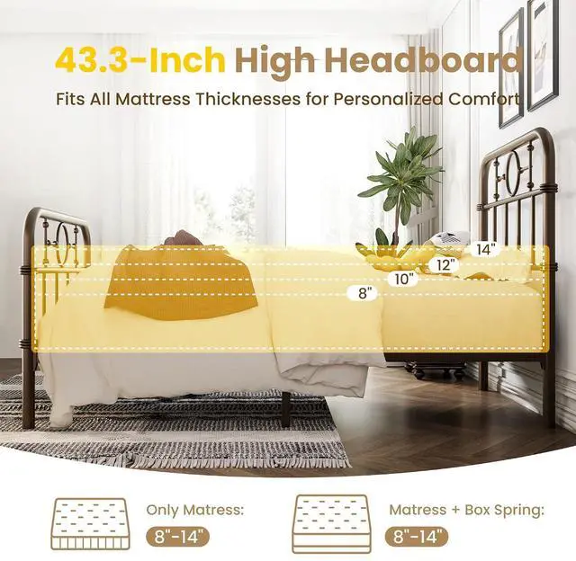 Alt view image 6 of 7 - Twin Bed Frame with Vintage Headboard, Heavy Duty Metal Platform Bed Frame, No Box Spring Needed, Noise-Free, 12.4" Under-Bed Storage, Easy Assembly, Antique Bronze