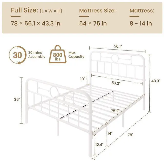 Alt view image 2 of 7 - Full Size Bed Frame with Vintage Headboard, Heavy Duty Metal Platform Bed Frame, No Box Spring Needed, Noise-Free, 12.4" Under-Bed Storage, Easy Assembly, White