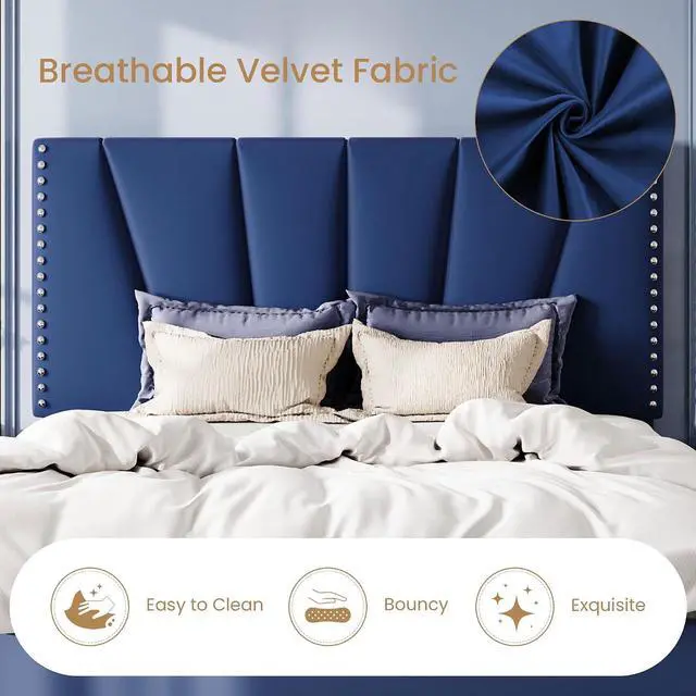 Alt view image 5 of 7 - Full Size Bed Frame with Adjustable Upholstered Velvet Rivets Headboard, Sturdy Wooden Slats, Strong Platform Support for Mattress, No Box Spring Needed, Easy Assembly, Blue