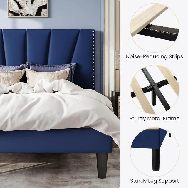 Alt view image 7 of 7 - Full Size Bed Frame with Adjustable Upholstered Velvet Rivets Headboard, Sturdy Wooden Slats, Strong Platform Support for Mattress, No Box Spring Needed, Easy Assembly, Blue