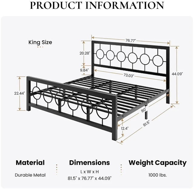 Alt view image 2 of 7 - King Size Metal Bed Frame with Vintage Circular Design Headboard and Footboard,No Box Spring Required,Easy Assembly,Noise-Free,Black