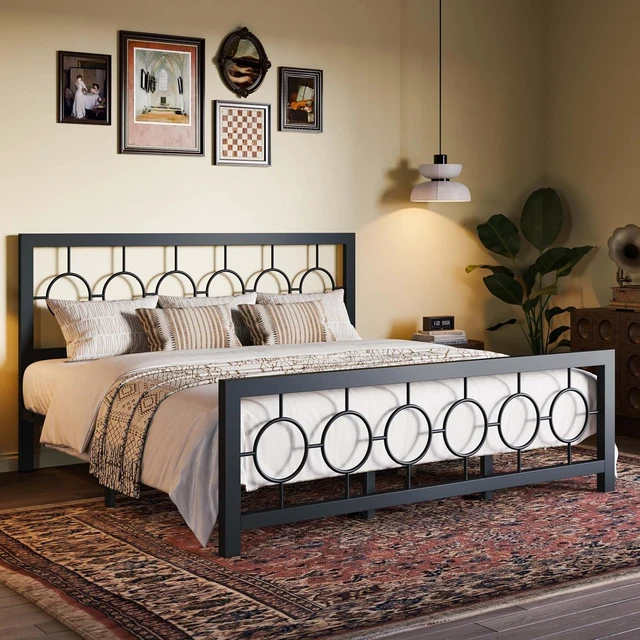 Alt view image 3 of 7 - King Size Metal Bed Frame with Vintage Circular Design Headboard and Footboard,No Box Spring Required,Easy Assembly,Noise-Free,Black