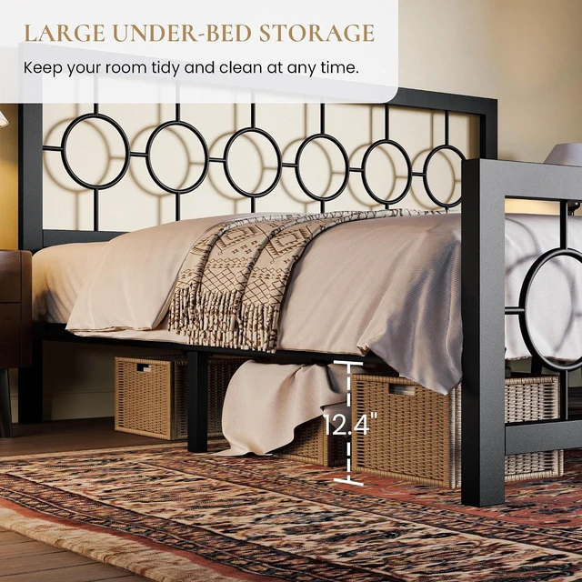 Alt view image 5 of 7 - King Size Metal Bed Frame with Vintage Circular Design Headboard and Footboard,No Box Spring Required,Easy Assembly,Noise-Free,Black