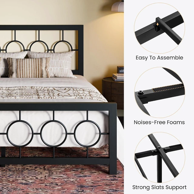 Alt view image 6 of 7 - King Size Metal Bed Frame with Vintage Circular Design Headboard and Footboard,No Box Spring Required,Easy Assembly,Noise-Free,Black