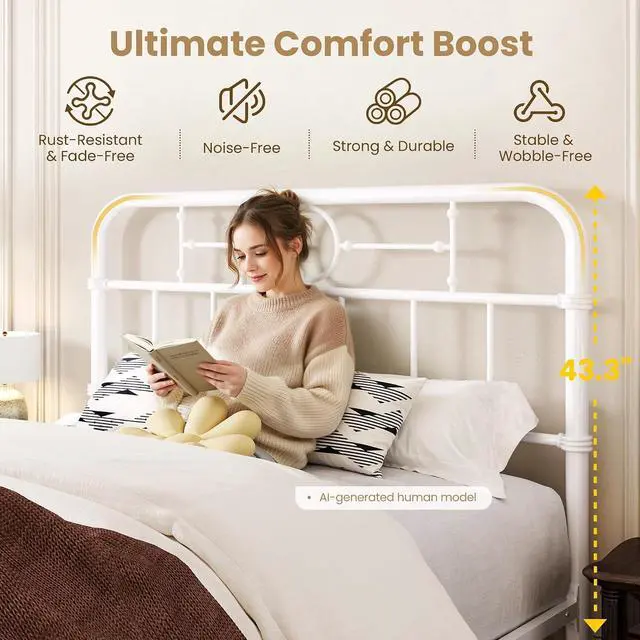 Alt view image 4 of 7 - Queen Bed Frame with Vintage Headboard, Heavy Duty Metal Platform Bed Frame, No Box Spring Needed, Noise-Free, 12.4" Under-Bed Storage, Easy Assembly, White
