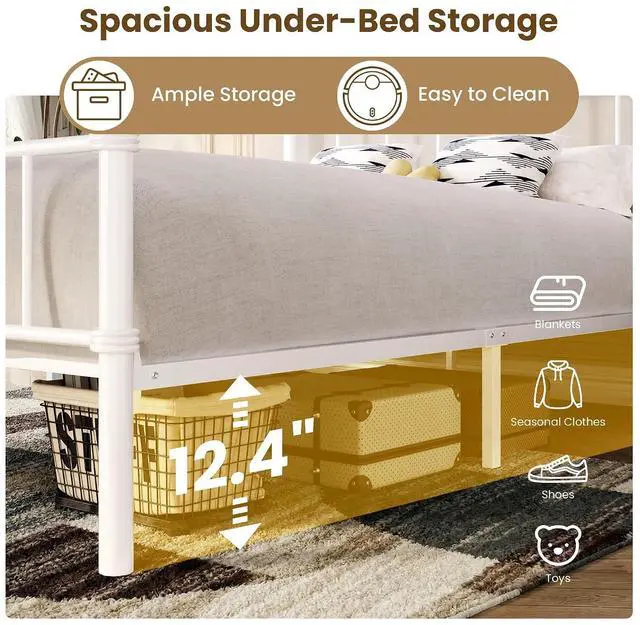 Alt view image 5 of 7 - Queen Bed Frame with Vintage Headboard, Heavy Duty Metal Platform Bed Frame, No Box Spring Needed, Noise-Free, 12.4" Under-Bed Storage, Easy Assembly, White