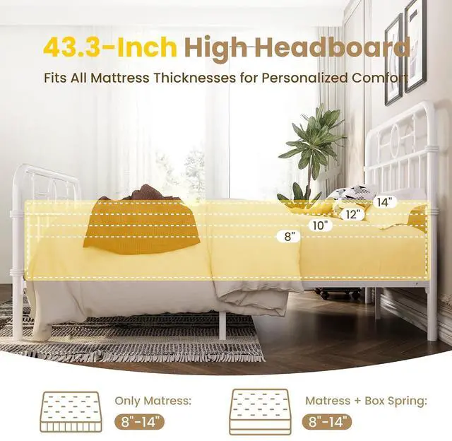 Alt view image 6 of 7 - Queen Bed Frame with Vintage Headboard, Heavy Duty Metal Platform Bed Frame, No Box Spring Needed, Noise-Free, 12.4" Under-Bed Storage, Easy Assembly, White