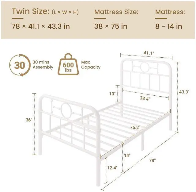 Alt view image 2 of 7 - Twin Bed Frame with Vintage Headboard, Heavy Duty Metal Platform Bed Frame, No Box Spring Needed, Noise-Free, 12.4" Under-Bed Storage, Easy Assembly, White
