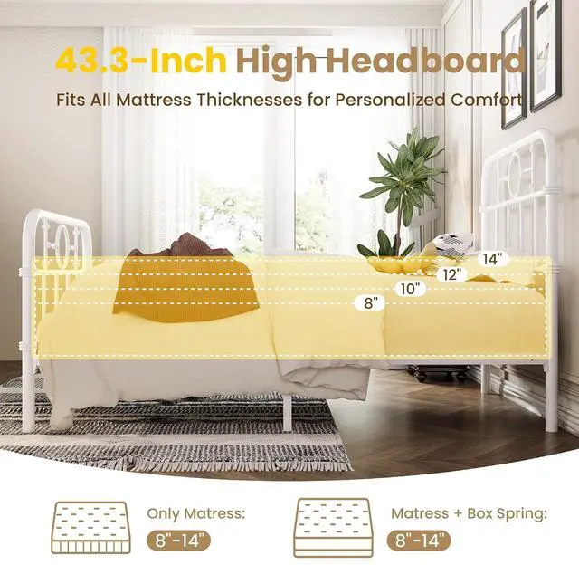 Alt view image 6 of 7 - Twin Bed Frame with Vintage Headboard, Heavy Duty Metal Platform Bed Frame, No Box Spring Needed, Noise-Free, 12.4" Under-Bed Storage, Easy Assembly, White