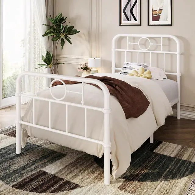 Alt view image 3 of 7 - Twin Bed Frame with Vintage Headboard, Heavy Duty Metal Platform Bed Frame, No Box Spring Needed, Noise-Free, 12.4" Under-Bed Storage, Easy Assembly, White