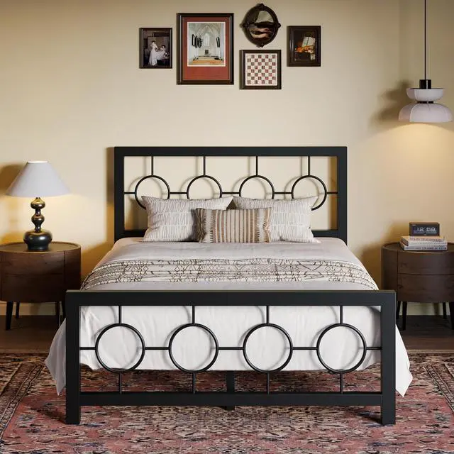 Main image of Full Size Metal Bed Frame with Vintage Circular Design Headboard and Footboard,No Box Spring Required,Easy Assembly,Noise-Free,Black