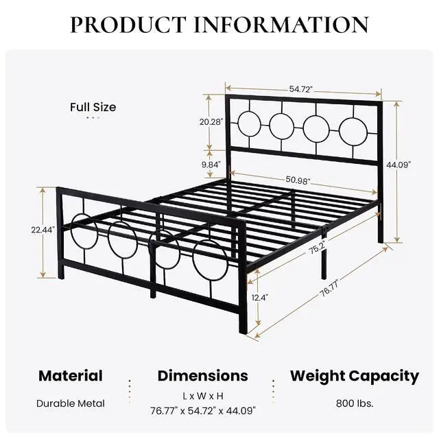 Alt view image 2 of 7 - Full Size Metal Bed Frame with Vintage Circular Design Headboard and Footboard,No Box Spring Required,Easy Assembly,Noise-Free,Black