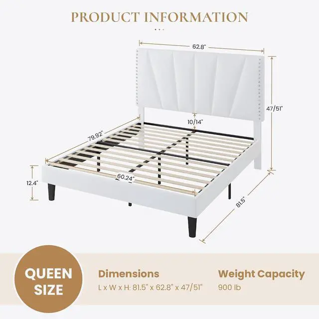 Alt view image 2 of 7 - Queen Size Bed Frame with Adjustable Upholstered Velvet Rivets Headboard, Sturdy Wooden Slats, Strong Platform Support for Mattress, No Box Spring Needed, Easy Assembly, White
