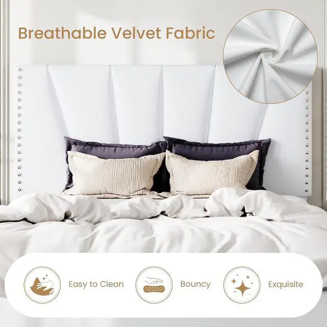 Alt view image 5 of 7 - Queen Size Bed Frame with Adjustable Upholstered Velvet Rivets Headboard, Sturdy Wooden Slats, Strong Platform Support for Mattress, No Box Spring Needed, Easy Assembly, White