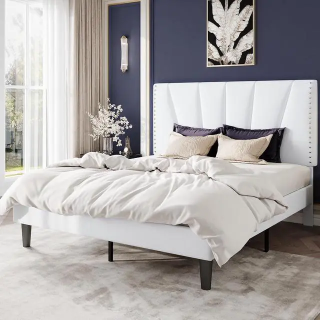 Alt view image 3 of 7 - Queen Size Bed Frame with Adjustable Upholstered Velvet Rivets Headboard, Sturdy Wooden Slats, Strong Platform Support for Mattress, No Box Spring Needed, Easy Assembly, White