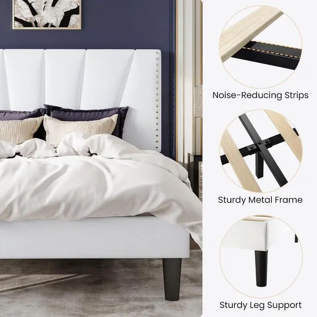 Alt view image 7 of 7 - Queen Size Bed Frame with Adjustable Upholstered Velvet Rivets Headboard, Sturdy Wooden Slats, Strong Platform Support for Mattress, No Box Spring Needed, Easy Assembly, White