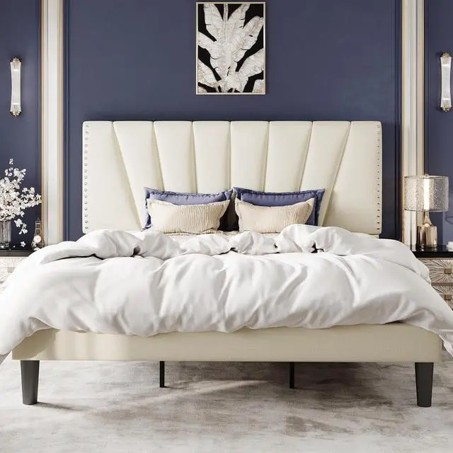 Main image of King Size Bed Frame with Adjustable Upholstered Velvet Rivets Headboard, Sturdy Wooden Slats, Strong Platform Support for Mattress, No Box Spring Needed, Easy Assembly, Cream
