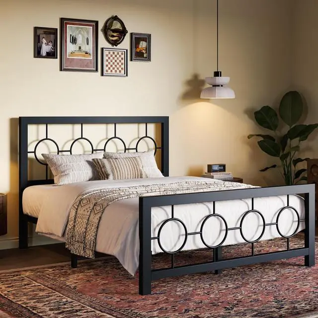 Alt view image 3 of 7 - Full Size Metal Bed Frame with Vintage Circular Design Headboard and Footboard,No Box Spring Required,Easy Assembly,Noise-Free,Black