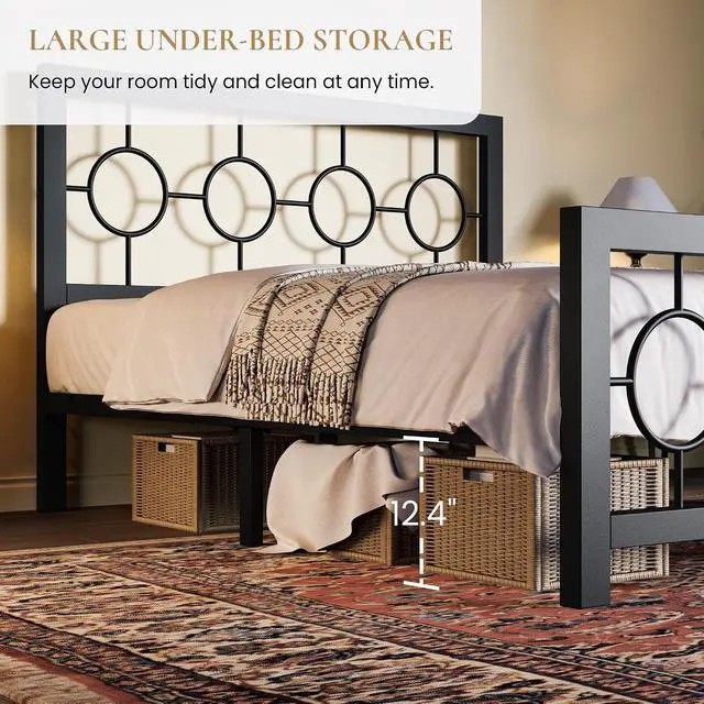Alt view image 5 of 7 - Full Size Metal Bed Frame with Vintage Circular Design Headboard and Footboard,No Box Spring Required,Easy Assembly,Noise-Free,Black