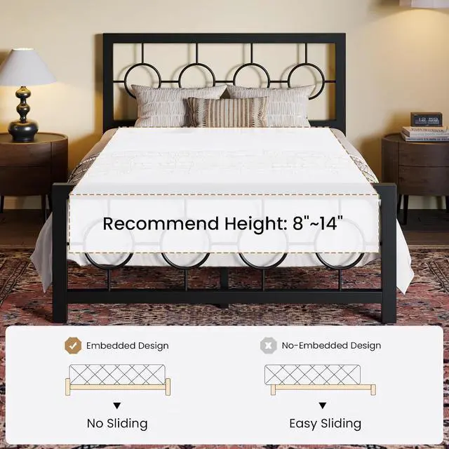 Alt view image 7 of 7 - Full Size Metal Bed Frame with Vintage Circular Design Headboard and Footboard,No Box Spring Required,Easy Assembly,Noise-Free,Black