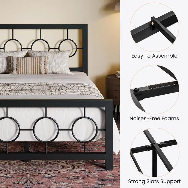 Alt view image 6 of 7 - Full Size Metal Bed Frame with Vintage Circular Design Headboard and Footboard,No Box Spring Required,Easy Assembly,Noise-Free,Black