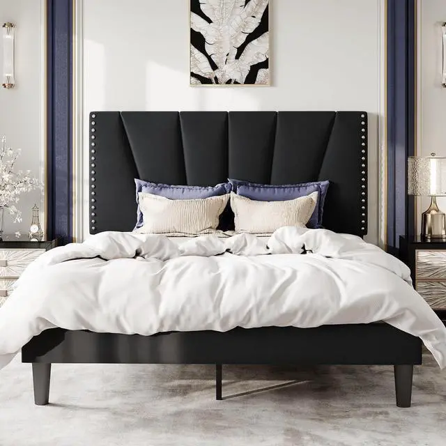 Main image of Queen Size Bed Frame with Adjustable Upholstered Velvet Rivets Headboard, Sturdy Wooden Slats, Strong Platform Support for Mattress, No Box Spring Needed, Easy Assembly, Black