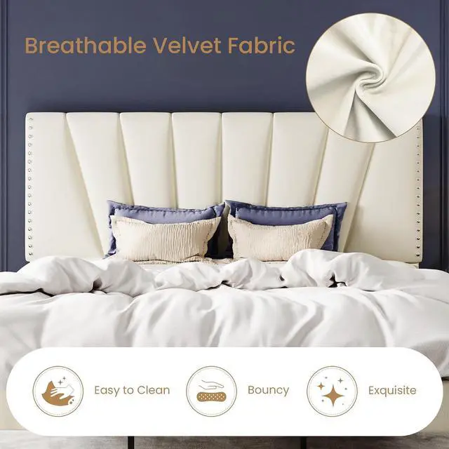 Alt view image 5 of 7 - King Size Bed Frame with Adjustable Upholstered Velvet Rivets Headboard, Sturdy Wooden Slats, Strong Platform Support for Mattress, No Box Spring Needed, Easy Assembly, Cream