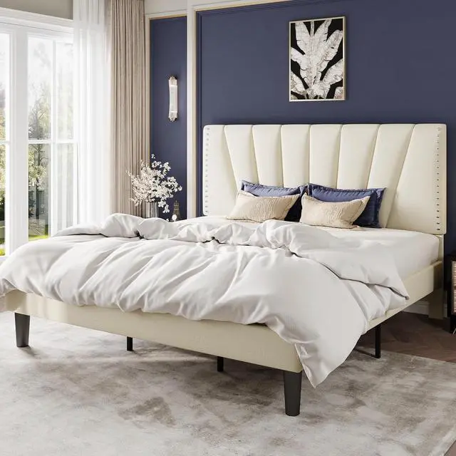 Alt view image 3 of 7 - King Size Bed Frame with Adjustable Upholstered Velvet Rivets Headboard, Sturdy Wooden Slats, Strong Platform Support for Mattress, No Box Spring Needed, Easy Assembly, Cream