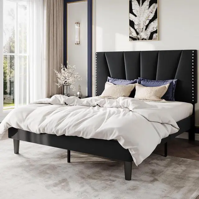 Alt view image 3 of 7 - Queen Size Bed Frame with Adjustable Upholstered Velvet Rivets Headboard, Sturdy Wooden Slats, Strong Platform Support for Mattress, No Box Spring Needed, Easy Assembly, Black