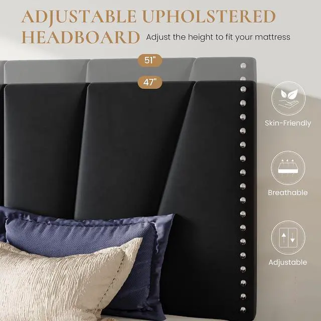 Alt view image 4 of 7 - Queen Size Bed Frame with Adjustable Upholstered Velvet Rivets Headboard, Sturdy Wooden Slats, Strong Platform Support for Mattress, No Box Spring Needed, Easy Assembly, Black