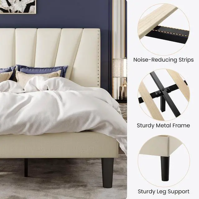 Alt view image 7 of 7 - King Size Bed Frame with Adjustable Upholstered Velvet Rivets Headboard, Sturdy Wooden Slats, Strong Platform Support for Mattress, No Box Spring Needed, Easy Assembly, Cream