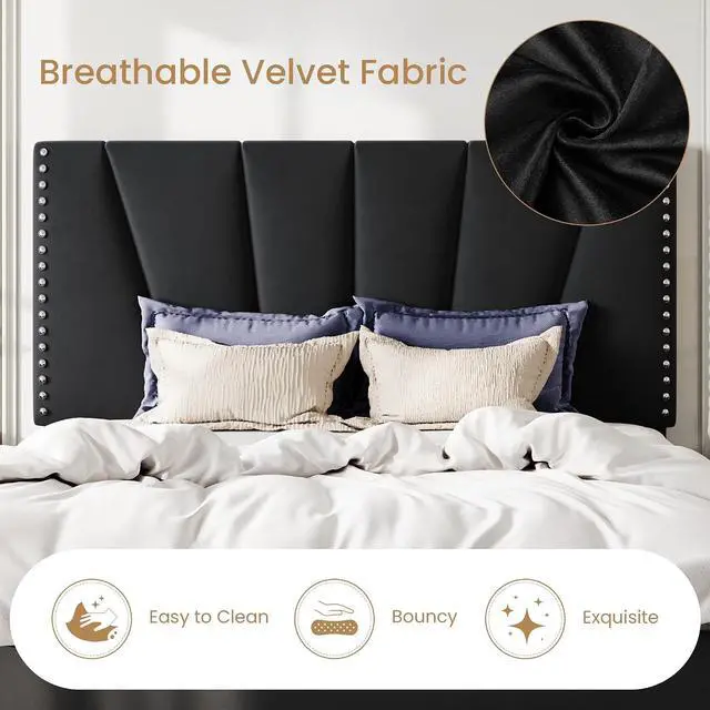 Alt view image 5 of 7 - Queen Size Bed Frame with Adjustable Upholstered Velvet Rivets Headboard, Sturdy Wooden Slats, Strong Platform Support for Mattress, No Box Spring Needed, Easy Assembly, Black