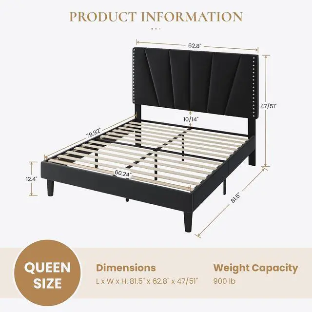 Alt view image 2 of 7 - Queen Size Bed Frame with Adjustable Upholstered Velvet Rivets Headboard, Sturdy Wooden Slats, Strong Platform Support for Mattress, No Box Spring Needed, Easy Assembly, Black
