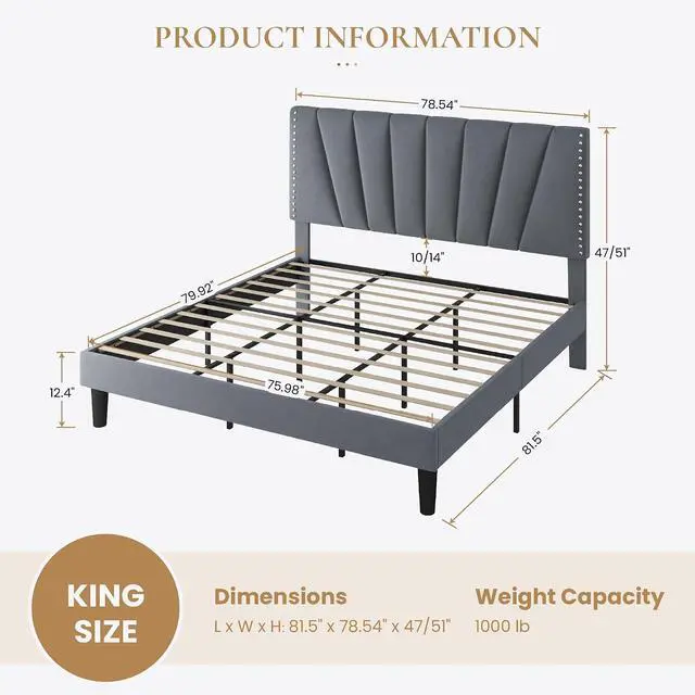 Alt view image 2 of 7 - King Size Bed Frame with Adjustable Upholstered Velvet Rivets Headboard, Sturdy Wooden Slats, Strong Platform Support for Mattress, No Box Spring Needed, Easy Assembly, Grey