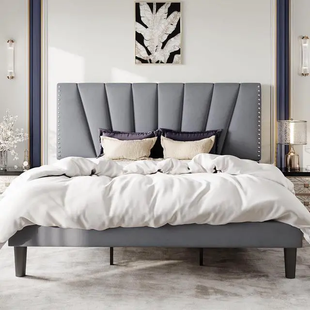 Main image of King Size Bed Frame with Adjustable Upholstered Velvet Rivets Headboard, Sturdy Wooden Slats, Strong Platform Support for Mattress, No Box Spring Needed, Easy Assembly, Grey