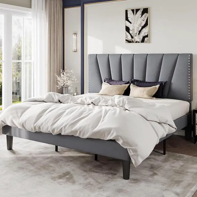 Alt view image 3 of 7 - King Size Bed Frame with Adjustable Upholstered Velvet Rivets Headboard, Sturdy Wooden Slats, Strong Platform Support for Mattress, No Box Spring Needed, Easy Assembly, Grey