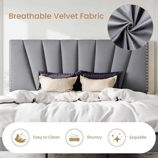 Alt view image 5 of 7 - King Size Bed Frame with Adjustable Upholstered Velvet Rivets Headboard, Sturdy Wooden Slats, Strong Platform Support for Mattress, No Box Spring Needed, Easy Assembly, Grey