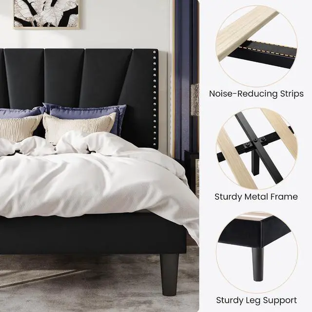 Alt view image 7 of 7 - Queen Size Bed Frame with Adjustable Upholstered Velvet Rivets Headboard, Sturdy Wooden Slats, Strong Platform Support for Mattress, No Box Spring Needed, Easy Assembly, Black