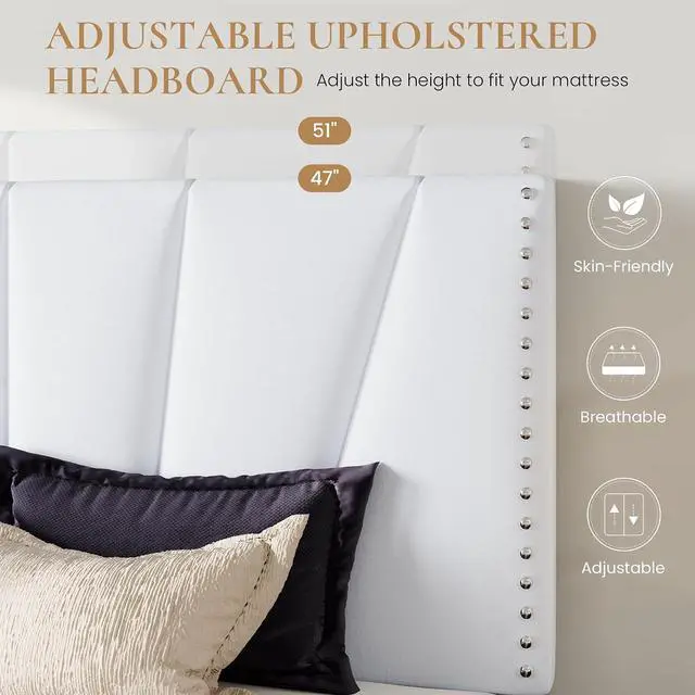 Alt view image 4 of 7 - King Size Bed Frame with Adjustable Upholstered Velvet Rivets Headboard, Sturdy Wooden Slats, Strong Platform Support for Mattress, No Box Spring Needed, Easy Assembly, White