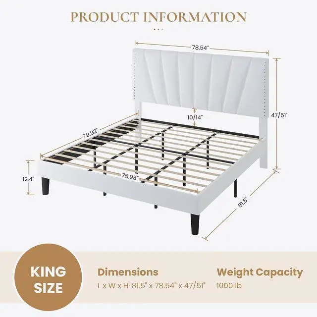 Alt view image 2 of 7 - King Size Bed Frame with Adjustable Upholstered Velvet Rivets Headboard, Sturdy Wooden Slats, Strong Platform Support for Mattress, No Box Spring Needed, Easy Assembly, White