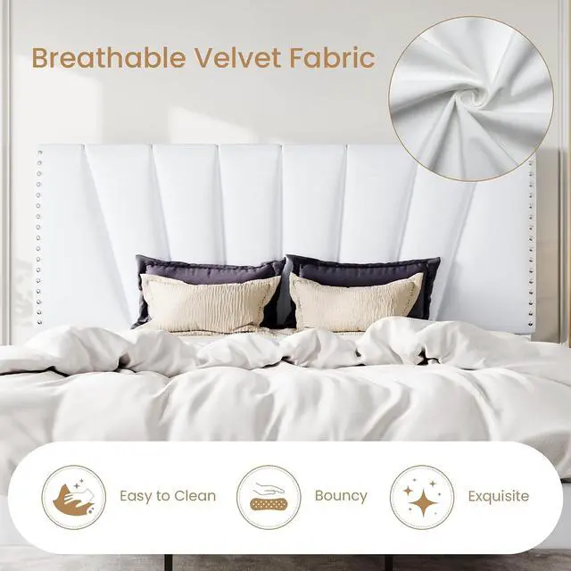 Alt view image 5 of 7 - King Size Bed Frame with Adjustable Upholstered Velvet Rivets Headboard, Sturdy Wooden Slats, Strong Platform Support for Mattress, No Box Spring Needed, Easy Assembly, White