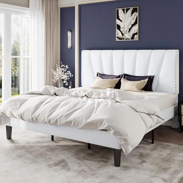Alt view image 3 of 7 - King Size Bed Frame with Adjustable Upholstered Velvet Rivets Headboard, Sturdy Wooden Slats, Strong Platform Support for Mattress, No Box Spring Needed, Easy Assembly, White