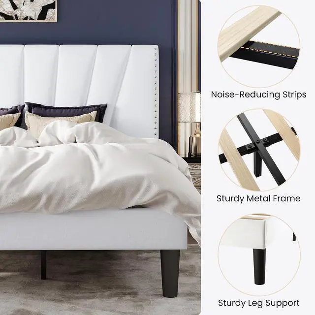Alt view image 7 of 7 - King Size Bed Frame with Adjustable Upholstered Velvet Rivets Headboard, Sturdy Wooden Slats, Strong Platform Support for Mattress, No Box Spring Needed, Easy Assembly, White
